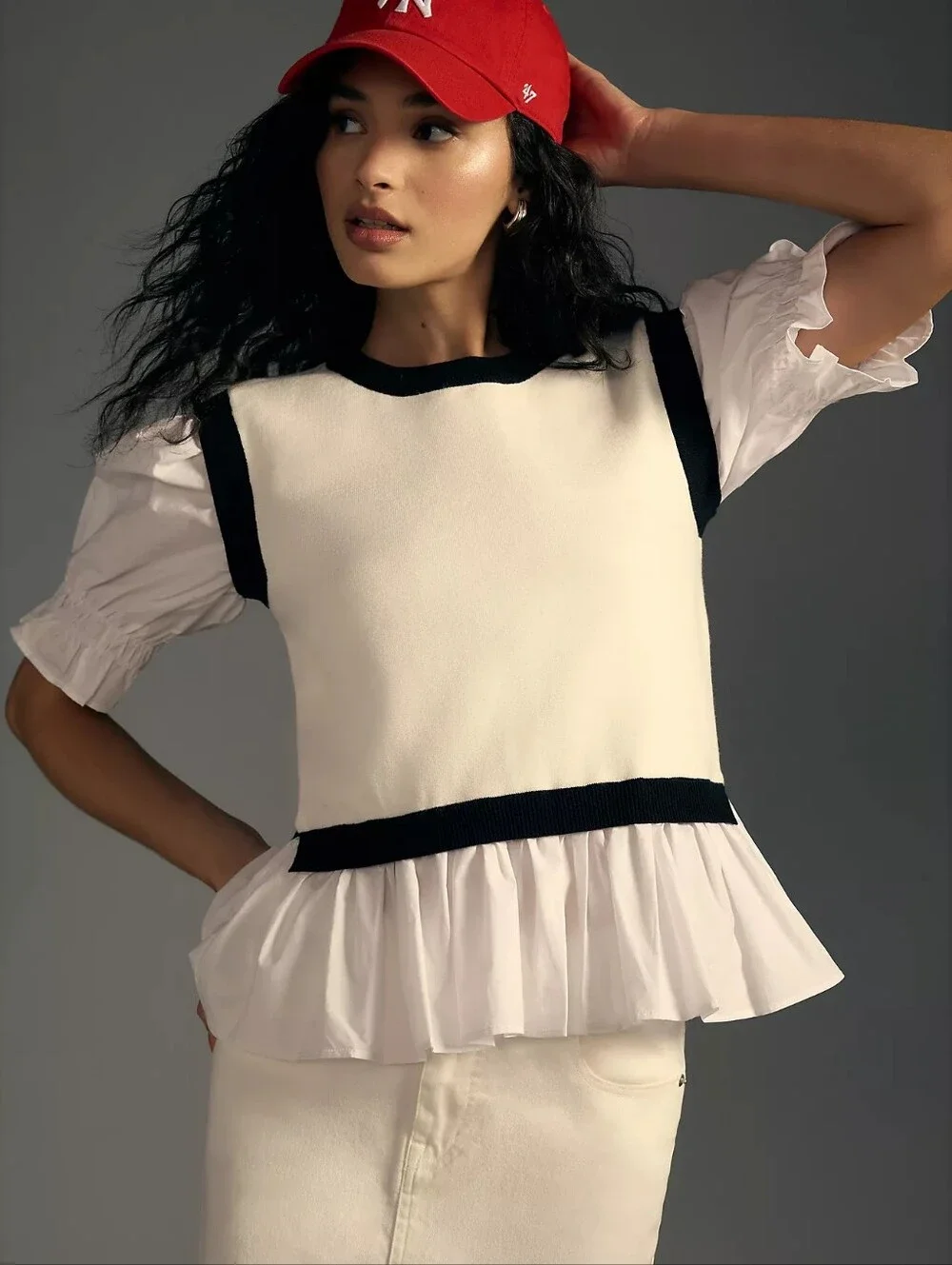 Anthropologie Puff Sleeve Shirttail Sweater Vest Top sz M Black Cream Preppy